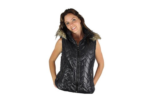 Black Sleeveless Puffer Jacket with faux fur trim collar and hood - BuyAbility South Africa