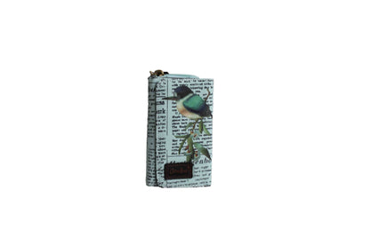 Blue Compact Purse with Newspaper Design & Bird Detail (150mm x 90mm) - BuyAbility