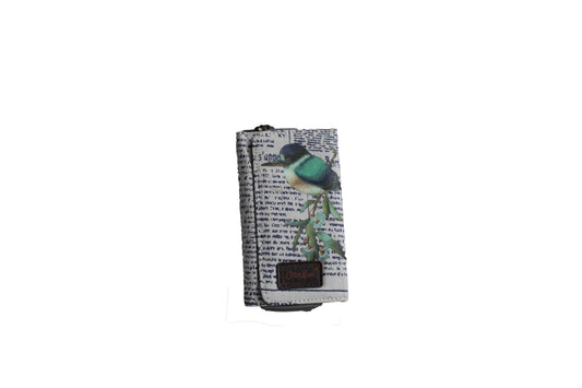 Grey Compact Purse with Newspaper Design & Bird Detail (150mm x 90mm) - BuyAbility