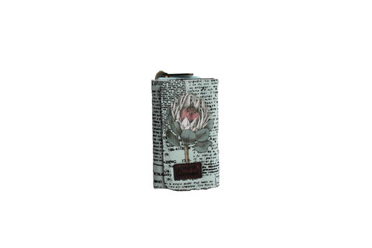 Blue Compact Purse with Newspaper Design & Protea Detail (150mm x 90mm) - BuyAbility