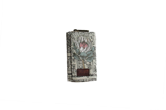 Beige Compact Purse with Newspaper Design & Protea Detail (150mm x 90mm) - BuyAbility
