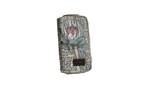 Beige Large Purse with Newspaper Design & Protea Detail - BuyAbility