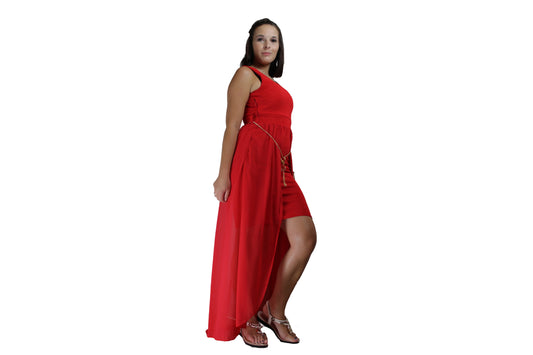 Red Cocktail Dress With Long Tail (With Gold Belt Accessory) - BuyAbility
