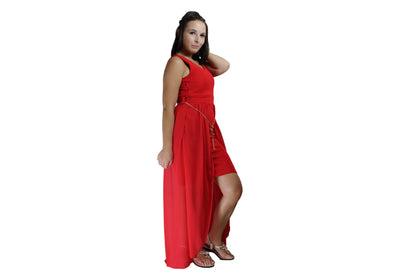 Red Cocktail Dress With Long Tail (With Gold Belt Accessory) - BuyAbility