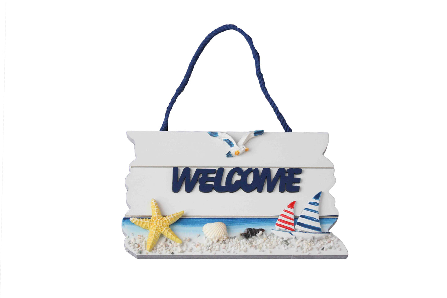 Star Fish and Sailing Boats Hanging Wooden Welcome Sign - BuyAbility