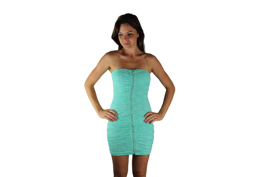 Luminous Teal Cocktail Dress with Front Zipper & Lace Design - BuyAbility